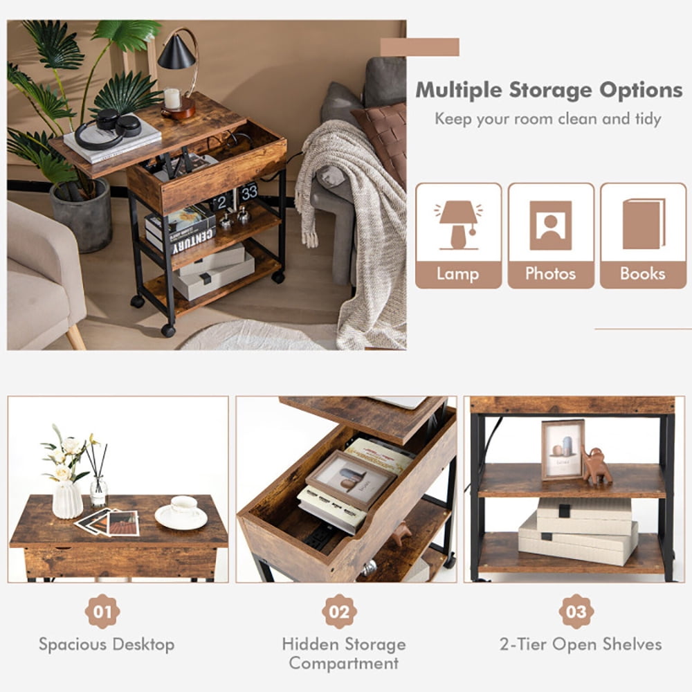 Finihen End Table, Lift Top End Table with Charging Station and Universal Wheels, Sofa Side Table, Bed Side Table, for Living Room, Bedroom, Rustic Brown Finihen End Table, Lift Top End Table with Charging Station and Universal Wheels, Sofa Side Table, Bed Side Table, for Living Room, Bedroom, Rustic Brown