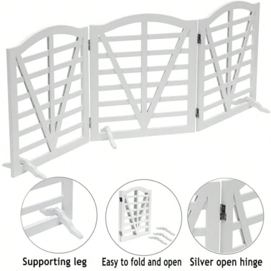 Wooden Dog Gate Freestanding Pet Gate Foldable Pet Gate for Dogs,Indoor Dog Fences with 3Foot Supportershite,3Pane 23.6" Height-White.