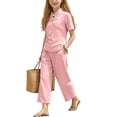 thumbnail image 2 of Tqyyweavej Girls Summer Outfits Qipao Chinese Solid Color Short Sleeve Tops and Pockets Straigt Leg Pants Traditional Clothes for Kids Toddler 1-10Y, 2 of 10