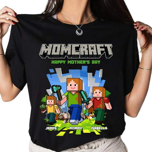 Momcraft Shirt Happy Mother's Day, Custom Pixel Mom With Kids Tee, Personalized Gamer Mom - Black - M