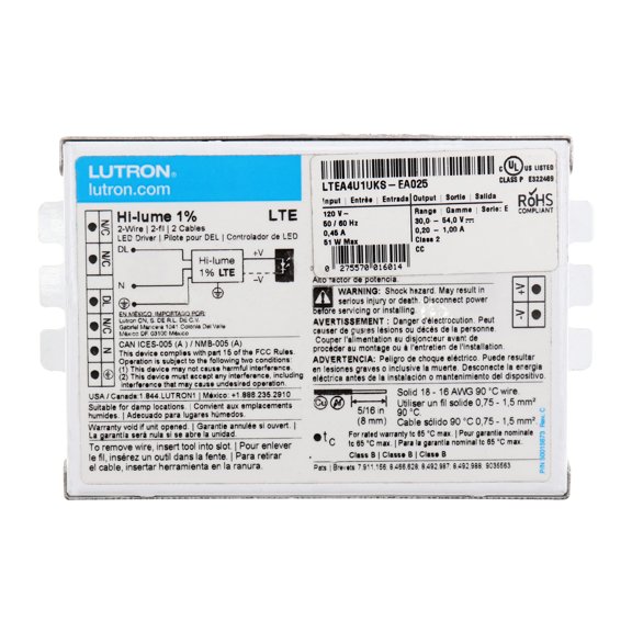 Lutron LTEA4U1UKS-EA025 Hi-Lume 2-Wire LED Driver, Dimming, 51W, 30-54Vdc, 120V