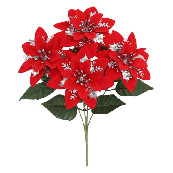 Red Velvet Poinsettia Flowers Artificial Christmas Decor Bouquet- Poinsettia Stems for Holiday Table Centerpiece Decorations,Tree,Porch,Patio,Indoor Outdoor Party Home Decor(13in,Red,Silver)