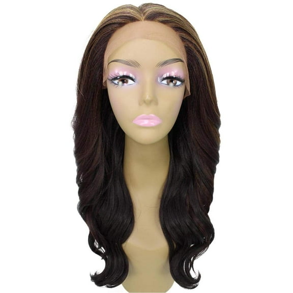 LUXLUXE Cleo Wavy 21 Inch Long 4X4 Hand-Tied Lace Front Wig, Heat Resistant Fiber, 20  Shades of Natural, Dip Dyed, & Blended Colors (#BX232 - Caramel Brown Blend)