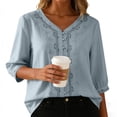 thumbnail image 6 of Womens Tops Embroidery Elbow Length Sleeve T-Shirts for Women Button Down V Neck Summer Dressy Casual Tshirts, 6 of 7