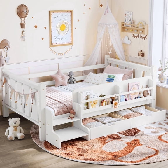 Bellemave Twin Size Floor Bed with Guardrails and Storage, Low Profile Montessori Bed Frame with Drawers, Bookcases and Stairs, Solid Wood Kids Bed with Slats, No Box Spring Needed(White)