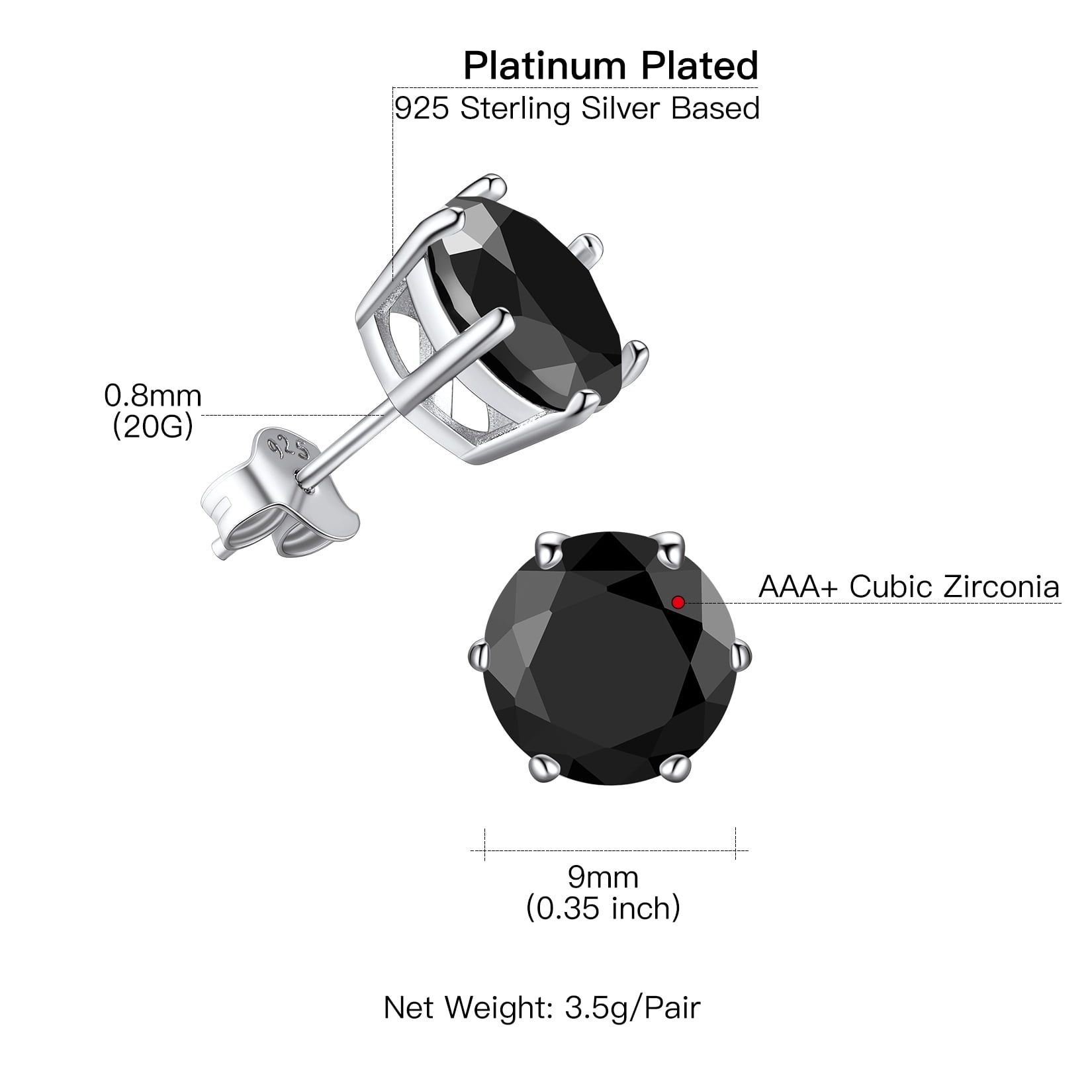 Suplight 925 Stelring Silver Simulated Diamond Black Cubic Zirconia Stud Earrings for Women Men 9mm