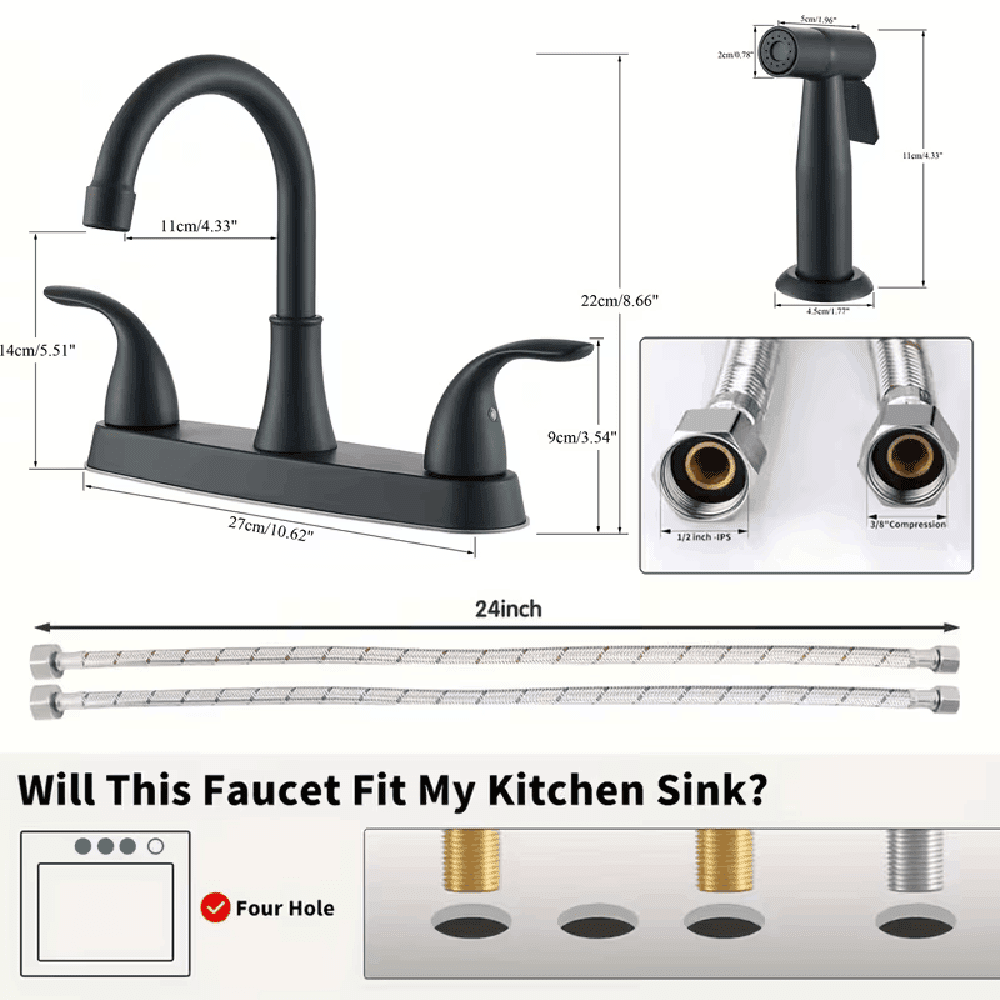 Black Kitchen Sink Faucet with Sprayer 3 Hole Stainless Steel Mixer Tap Sprayer