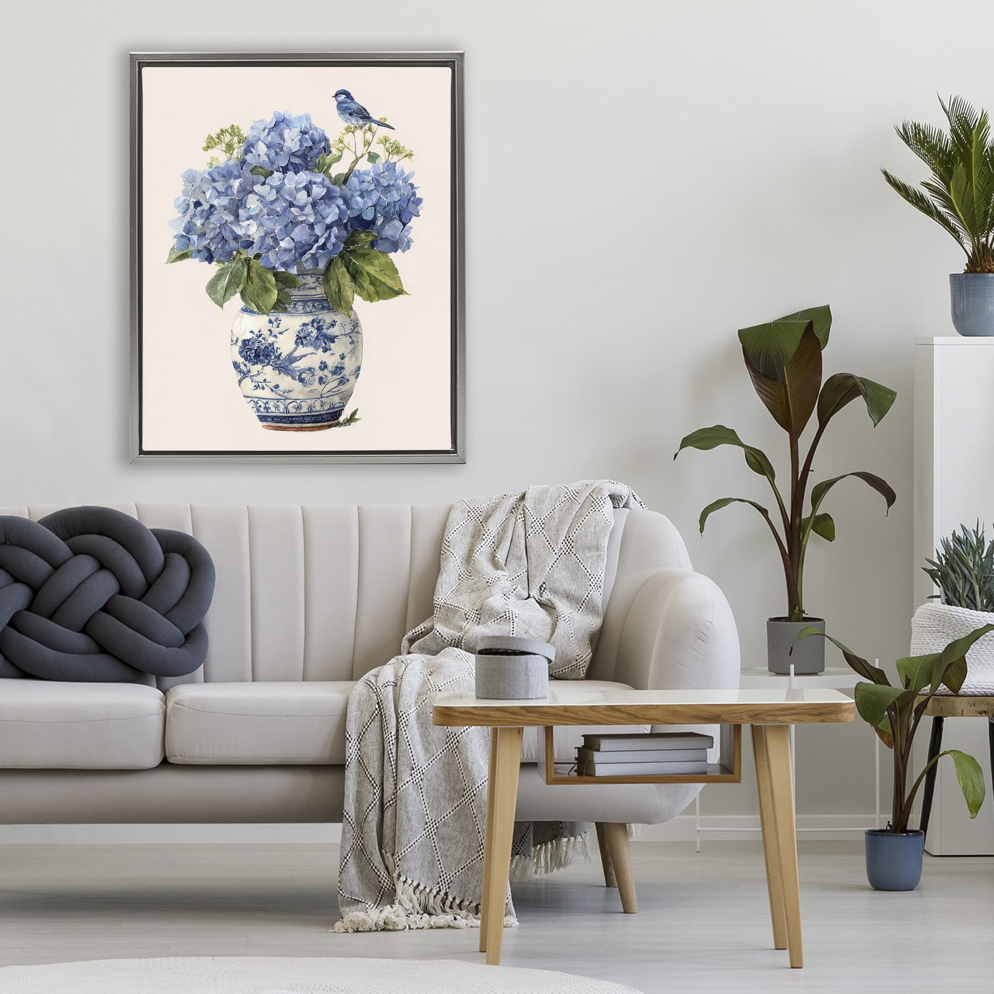 Stupell Industries Songbird Perched on Hydrangeas Gray Framed Floater Canvas Wall Art, design by Imagine It Images