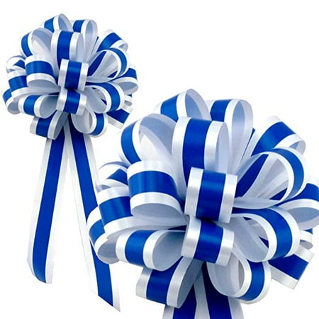 Royal Blue & White Striped Wedding Pull Bows with Tails for Church Pews and Chairs - 8