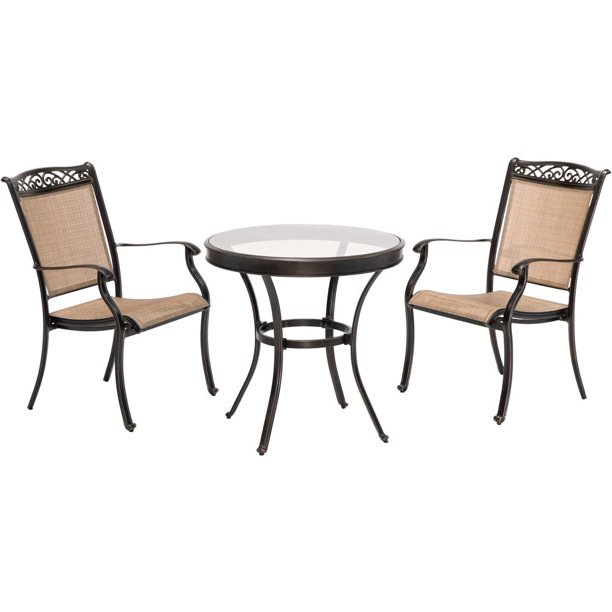 Hanover Fontana 3 Piece Outdoor Patio Bistro Set Garden Backyard Patio Furniture Conversation Bistro Set With Glass Top Dining Table And Sling Back Dining Chairs Walmart Com Walmart Com