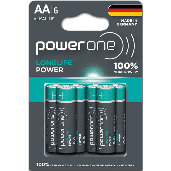 POWER ONE LONGLIFE POWER AA Battery Pack of 6 Long Performing Alkaline Batteries Made in Germany With Up To 10 Years Shelf Life