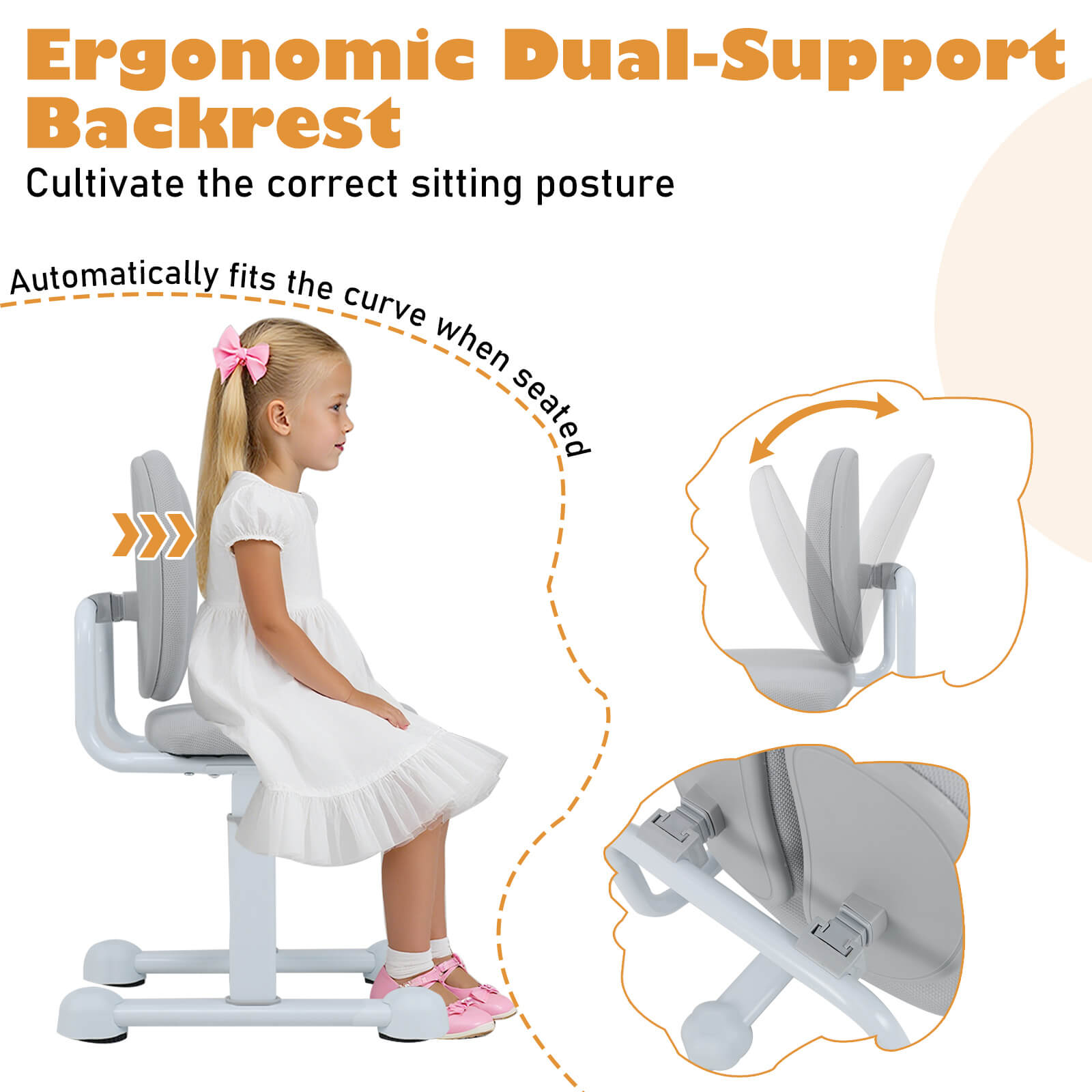Costway Kids Desk Chair with Double Back Support Adjustable Height Upholstered Computer Chair Gray