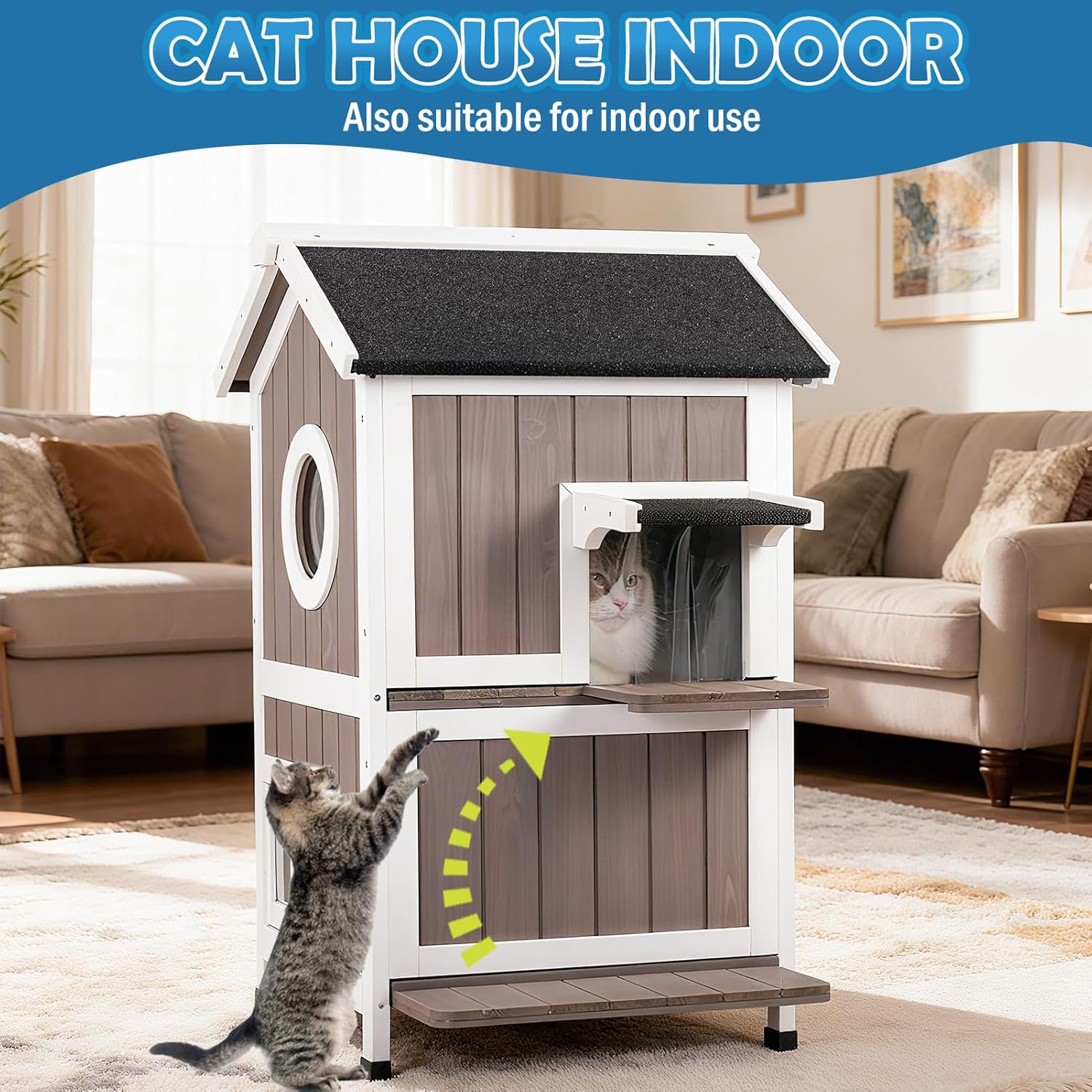 2 Story Outdoor Cat House for Winter Weatherproof Feral Cat Enclosure Shelter with Escape Door Balcony Openable Roof