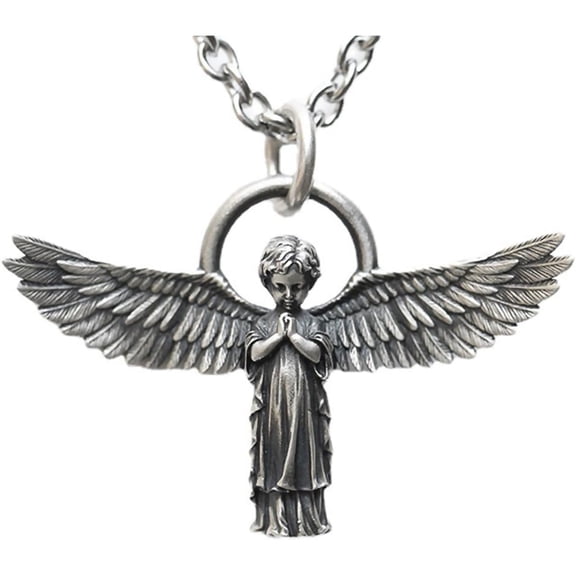 Zephyriana Angel Wings Necklace Vintage Silver Plated Long Guardian Angels Wings Humanoid Pendant Necklace Engraved You are my angel Sweater Chain Anniversary Jewelry for Men Women
