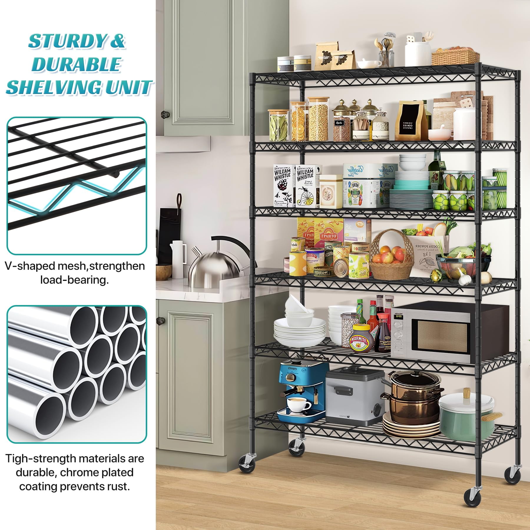 6-Tier Storage Shelves 45" x 18" x 82" Heavy Duty Metal Shelving Unit 2100Lb Capacity Adjustable Storage Racks with Wheels for Basement Commercial, Black