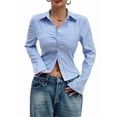 thumbnail image 1 of Camisa Corta A Rayas con Botones y Larga Ajustada para Mujer, Blusa de Trabajo Azul XXL, 1 of 10