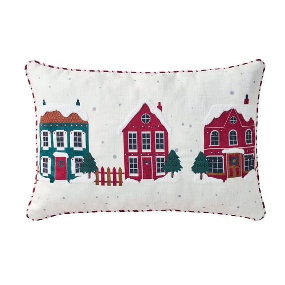 Holiday Time 14" x 22" Ivory Winter Village Embroidered Decorative Pillow