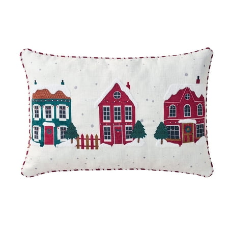 Holiday Time 14" x 22" Ivory Winter Village Embroidered Decorative Pillow