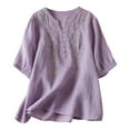 thumbnail image 2 of Women's Casual Summer V-Neck Short Sleeve T-Shirt, Embroidered Cotton Linen Loose Blouse, Solid Color Slimming and Lightweight Top, Stylish and Breathable for Warm Weather, 2 of 9