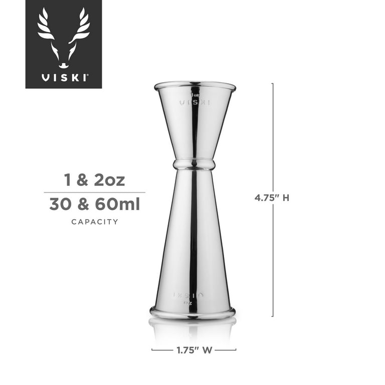 Viski Japanese style double jigger for cocktails, bar kit essential, 1oz  and 2oz with interior measurements, stainless steel with gunmetal finish