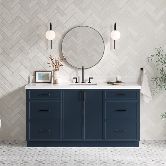Ariel Kelly 67 Inch Single Rectangular Sink Bathroom Vanity With Pure White Quartz Countertop 1.5 Inch Edge In Midnight Blue