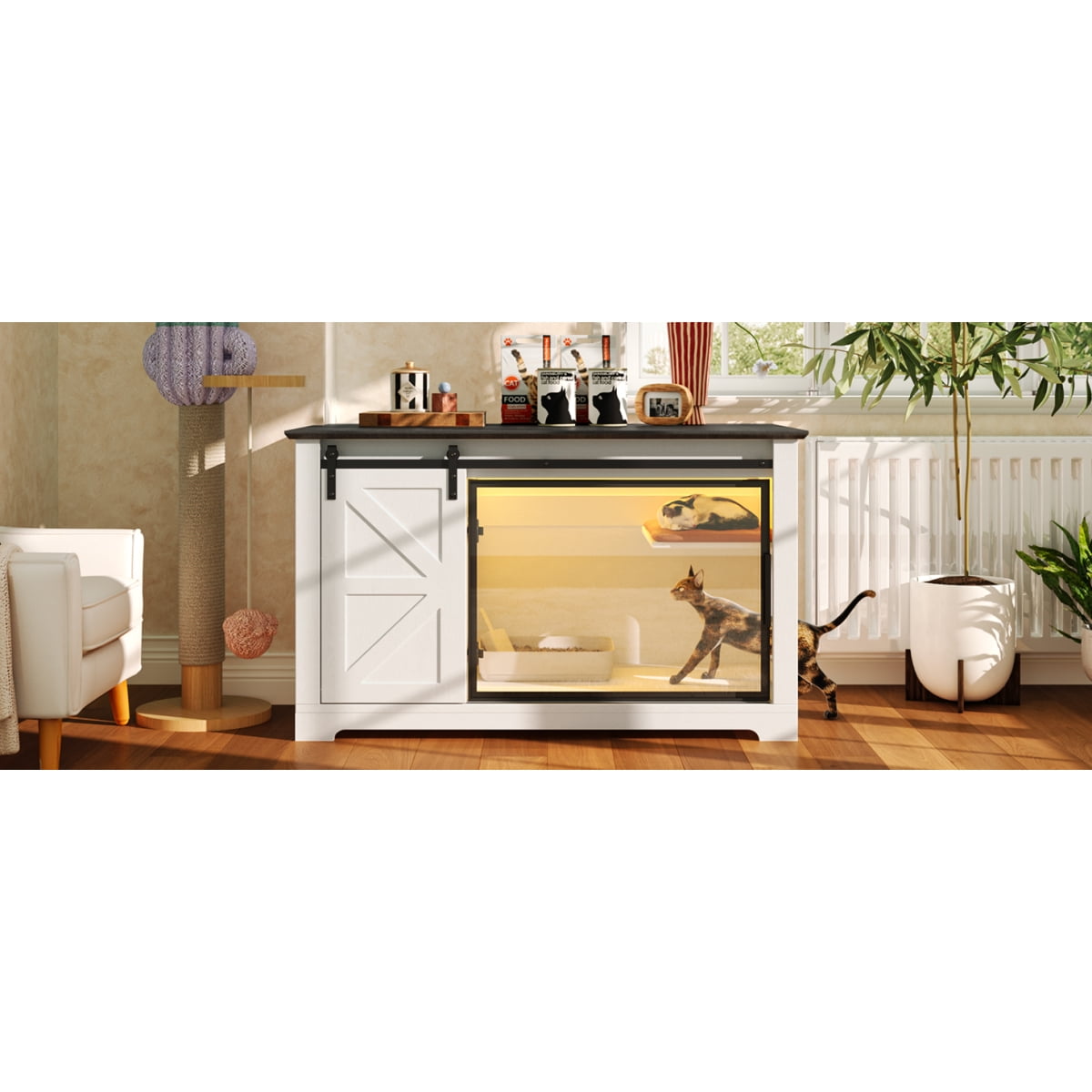 46 Farmhouse Cat Litter Box Enclosure with Sliding Barn Door Hidden Cat Cabinet with LED Light & Storage Cat Washroom Nightstand White