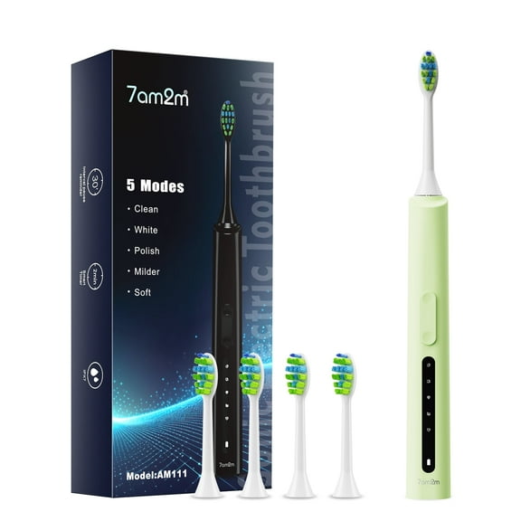 7AM2M Sonic Electric Toothbrush, High Power Rechargeable Toothbrushes, 5 Modes with 2 Minutes Built in Smart Timer, with 4 Brush Heads for Adults and Kids, One Charge for 60 Days (Green)