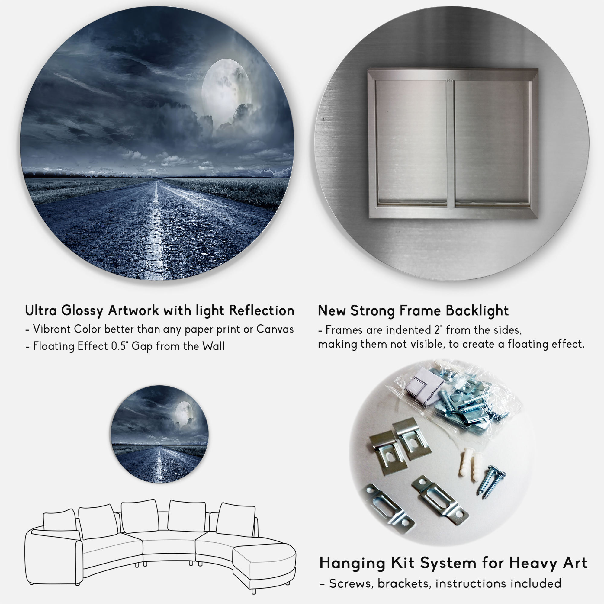 Designart 'Cloudy Full Moon Over Asphalt Road II' Nautical & Coastal Circle Metal Wall Art 11x11 - Disc of 11