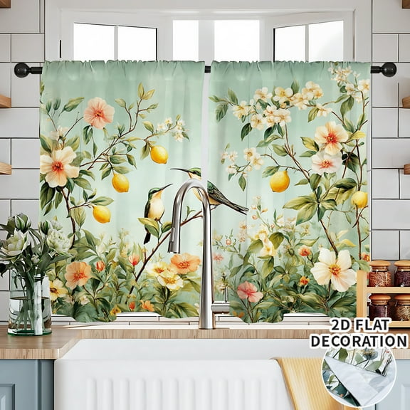 2pcs Sunflower Textured Short Semi Sheer Kitchen Curtains for Living Room Bathroom Basement Decor with Rod Pocket Short Window Drapes, Each 28"Wx36"L