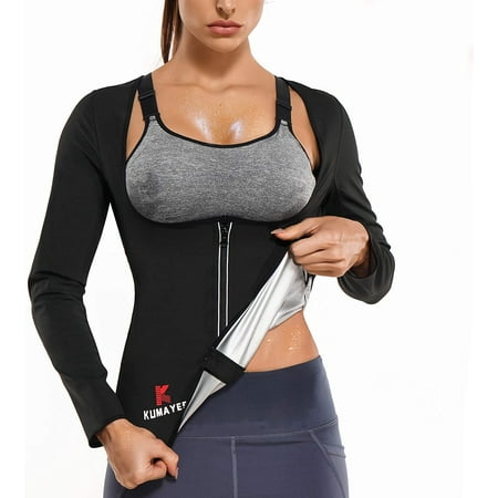 

Loday Sauna Suit for Women Sweat Body Shaper Jacket Hot Waist Trainer Long Sleeve Zipper Shirt Workout Top(Black M）