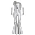 thumbnail image 4 of TiaoBug Kids Girls' Metallic Bell Bottom Jumpsuit Sleeveless One Shoulder One Piece Dance Outfits with Gloves Silver 6, 4 of 6