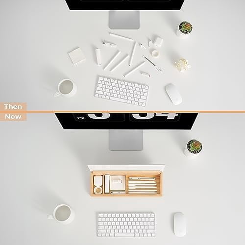 Glass Desktop Whiteboard with Wood Organizer for Small Office Accessories, Aesthetic Desk Dry Erase White Board with Drawer for Home Office Cubicle, Marker & Eraser Included, Yeoux