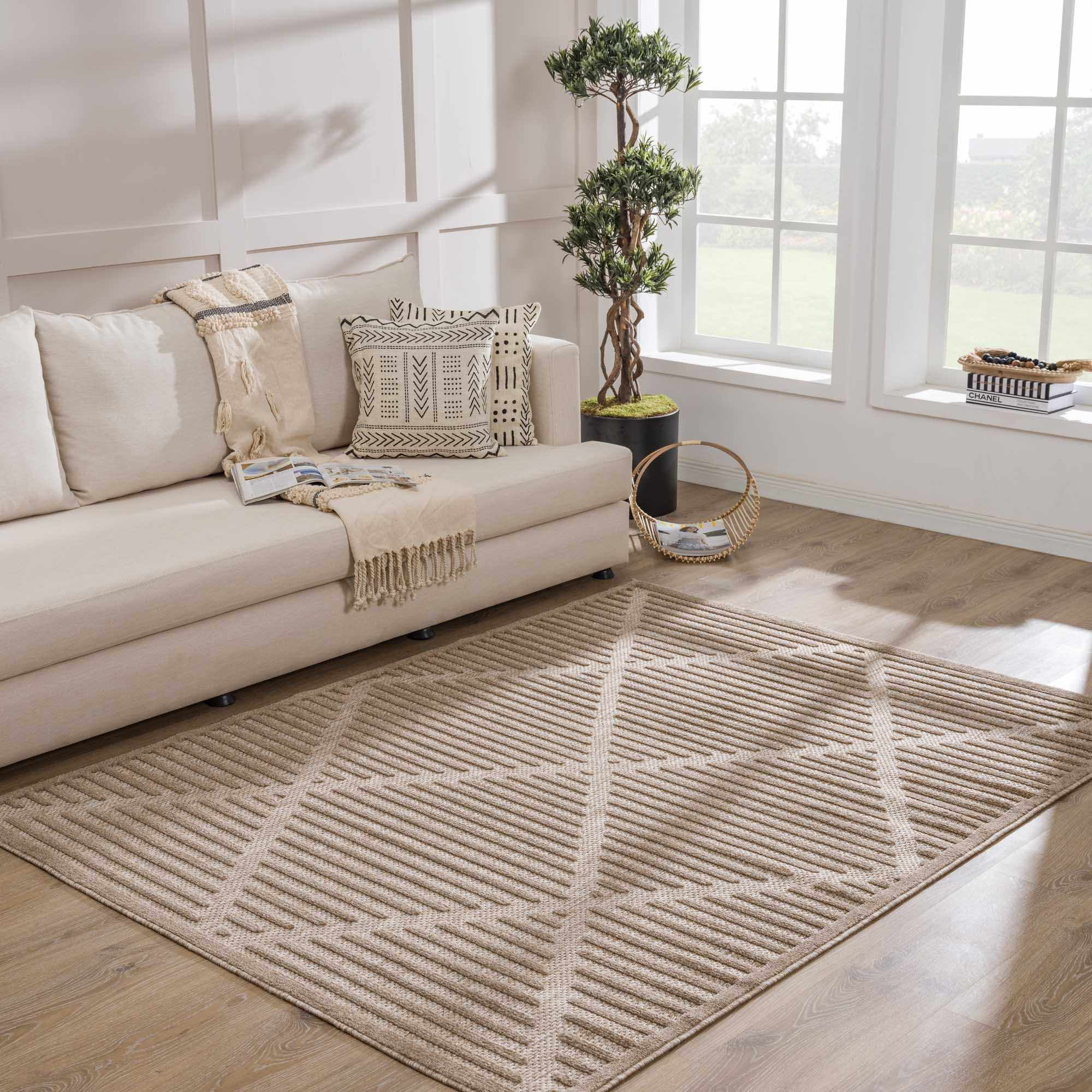BoutiqueRugs Anah Geometric Indoor Outdoor Rug - Boho High Low Textured Area Rug - Performance Carpet for Patio, Living Room - High Traffic - Tan, Brown, Dark Beige - 6'7" x 9' (6x9)