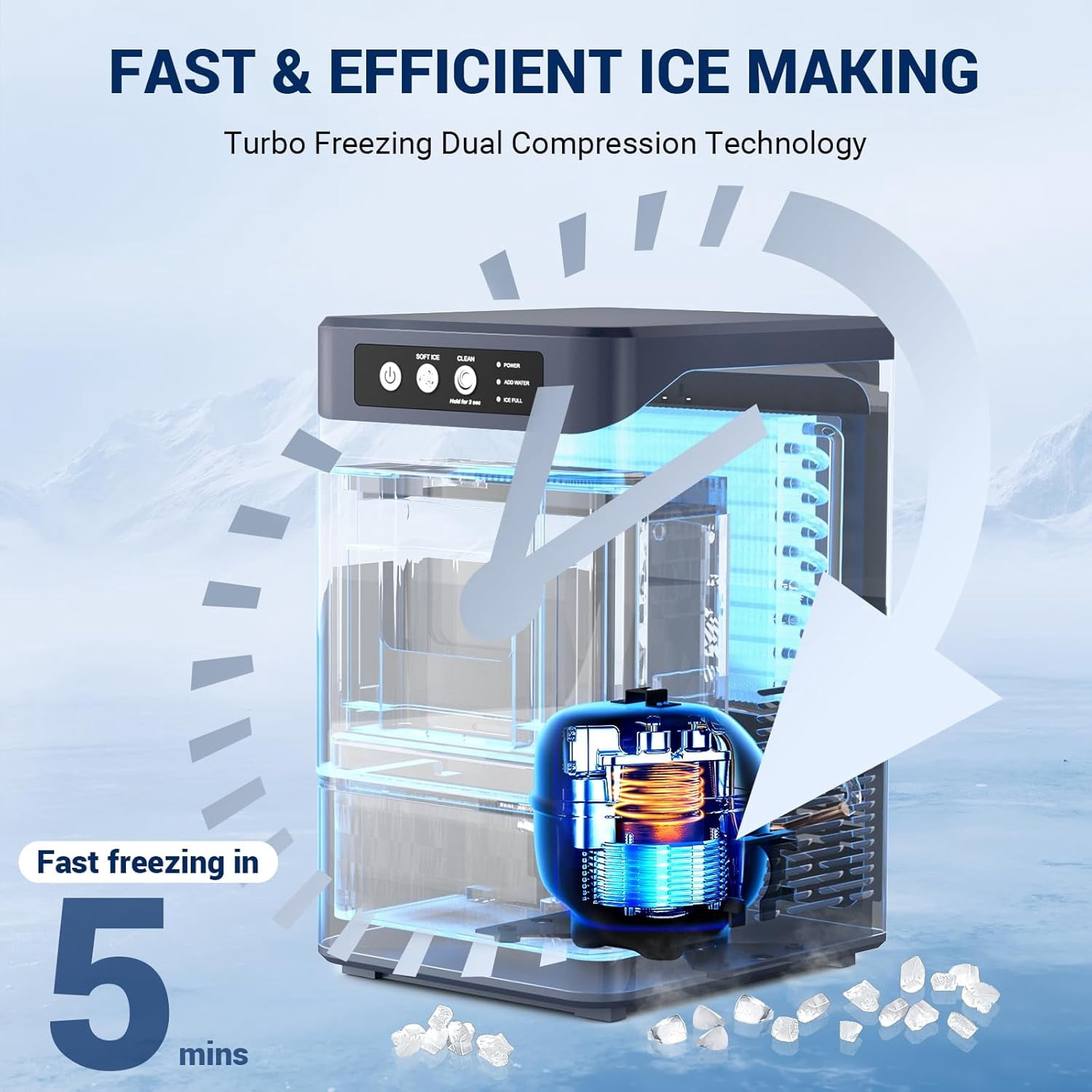 Countertop Ice Maker, Self-Cleaning Nugget Ice Machine for Home, 43Lbs/24H, Soft Chewable Pellet Ice, Stainless Steel, Portable for Kitchen Office Bar