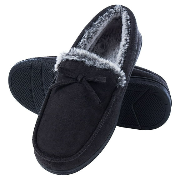 Mens Memory Foam Moccasin Slippers Fuzzy Lining, Soft Comfy Suede Mens House Indoor Bedroom Slippers Non-Slip