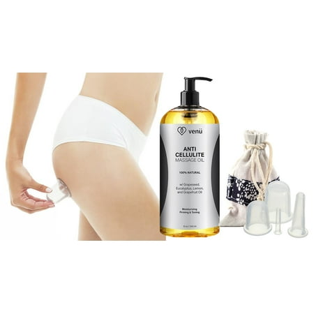 Anti Cellulite Massage Oil and 4 Sizes Vacuum Silicone Massage Cupping Cups Treatment Kit - 100% All Natural Deep Penetrative Formula Firms, Tightens, and Tones Skin - Helps Break Down Fat Tissue - (Best At Home Cellulite Treatment)