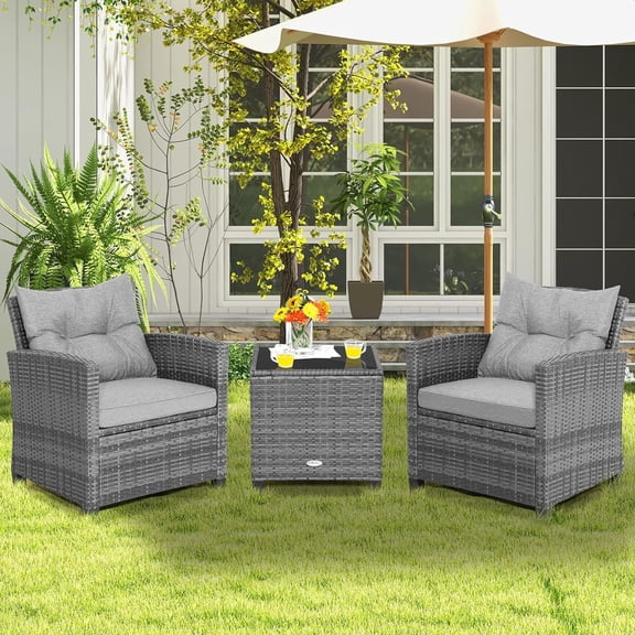 3 Piece Grey Patio Furniture Set, PE Rattan Wicker Conversation Chairs &