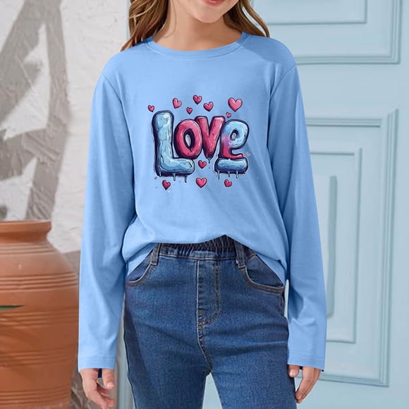 Blusas y camisas de manga larga con cuello redondo CUHK Top estampado de cuello redondo para primavera y verano Jersey informal Camisa básica de manga larga para niños y niñas Blusa de poliéster para