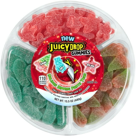 Juicy Drop Christmas Gummies Party Tray with Sour Dipping Gel , 15.5 oz Food Gift Assortment Tray
