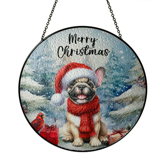 Merry Christmas French Bulldog Enjoys Woofmas Winter Xmas Holiday Stained Glass Suncatcher Dog Lover Gifts Window Hanging Sign Decor - 02022