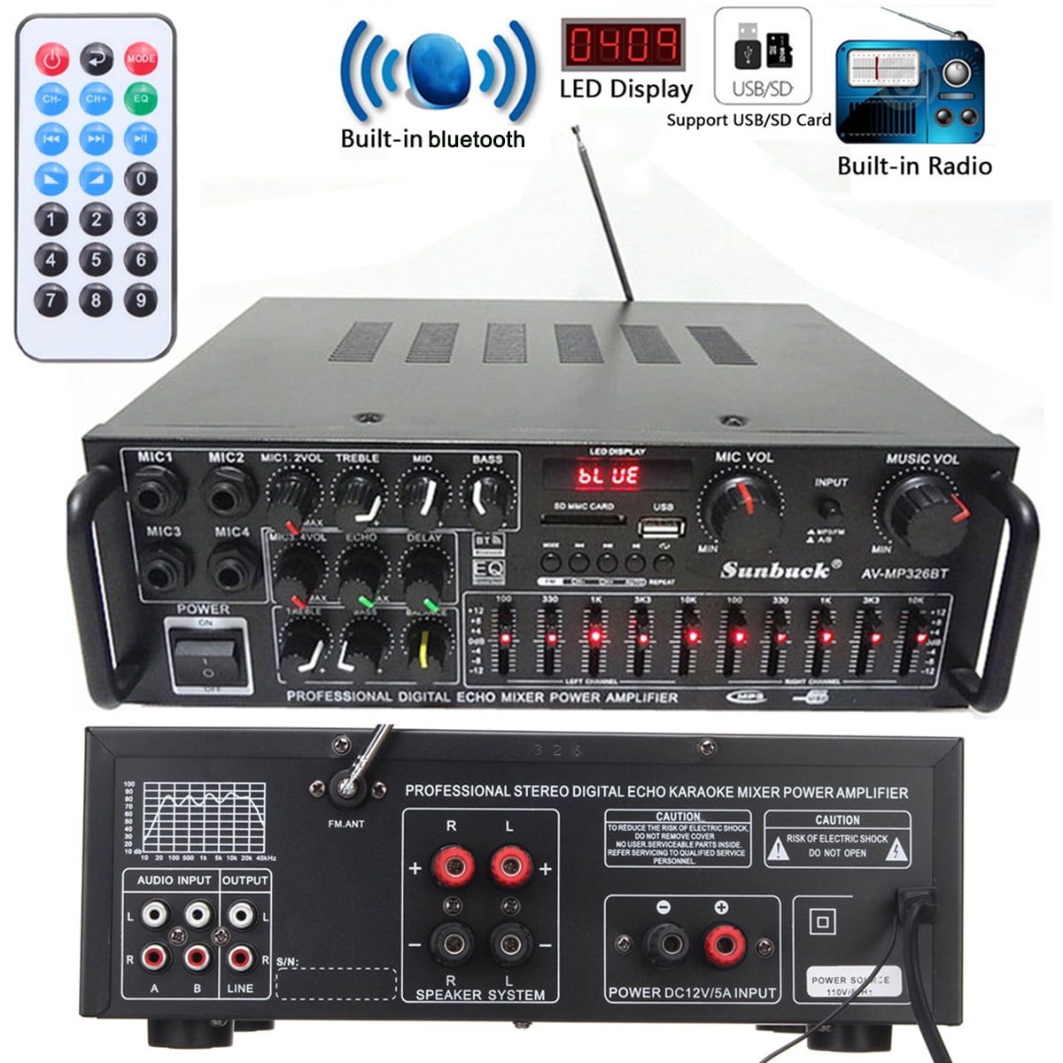 Sunbuck 2000W Audio Powered Amplifier bluetooth Receiver Stereo System