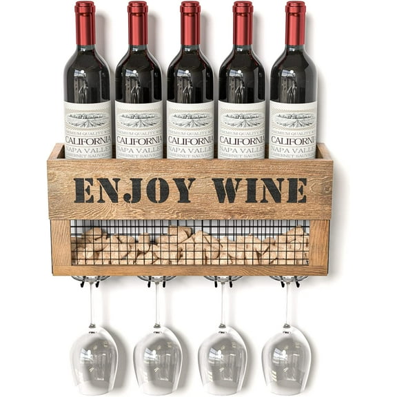 JACKCUBE Design Wall Mounted Metal and Wood Wine Rack Bottle & Glass Holder, Cork Storage Store for Kitchen, Dining Room, Bar, Wine Cellar : MK450A
