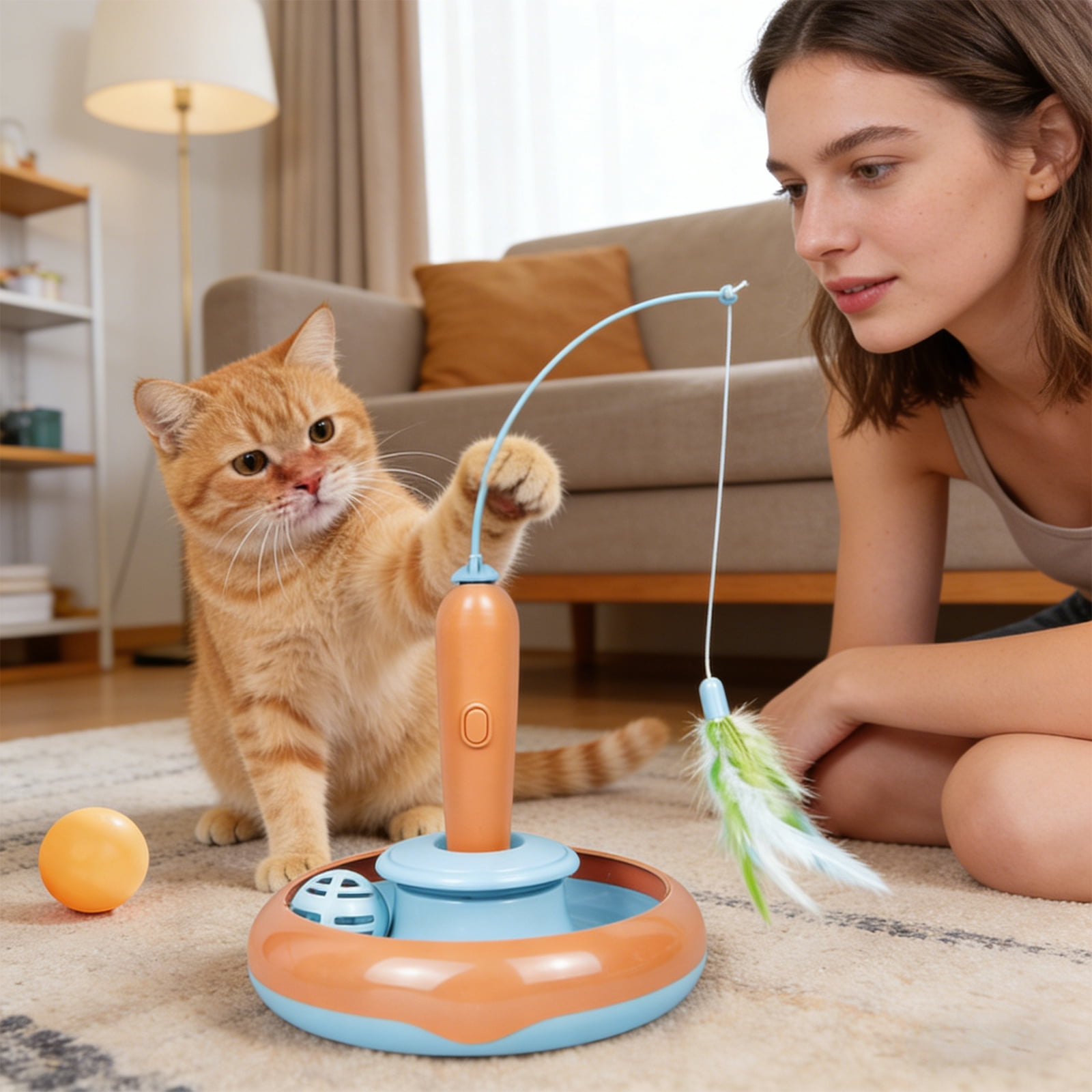 Electric Rotating Cat Turntable Toy with Feather Teaser Wand, Automatic Fishing Rod and Spinning Ball for Self-Play, Interactive Pet Playboard