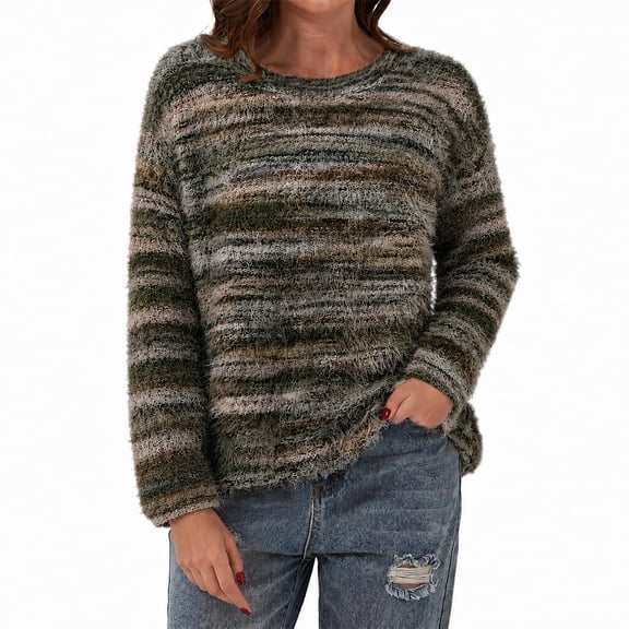 Women's Fall Striped Sweater Soft Lightweight Fit Long Sleeve Crew Neck Knit Pullover Comfy Casual Fuzzy Tops