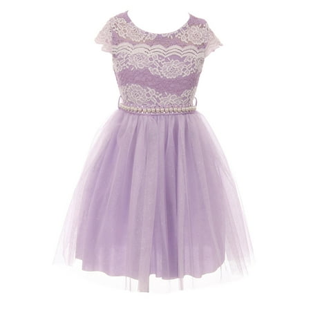Wedding Dress Cap - Little Girl Cap Sleeve Lace Pearl Tulle Graduation Wedding Flower Girl Dress USA Lilac 4 JKS 2133P BNY Corner