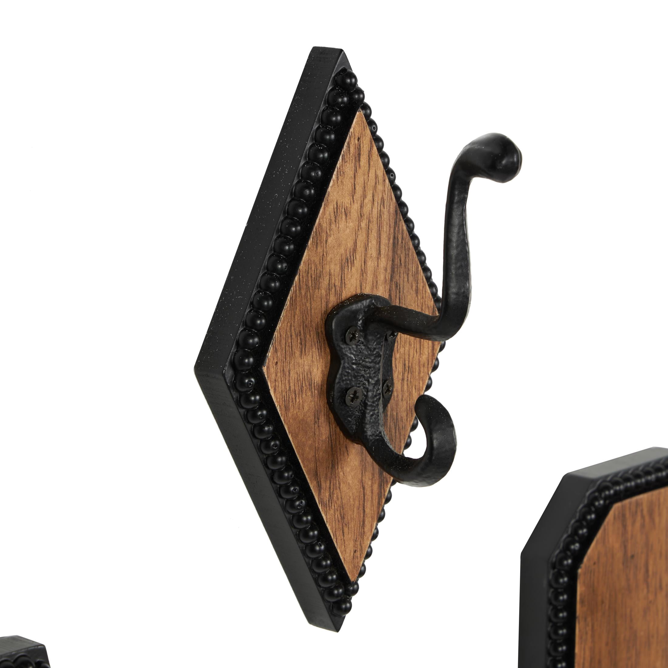 DecMode 4"W, 7"H Brown Wooden Vintage Inspired Geometric Wall Hook with Black Beaded Frames, 4-Pieces
