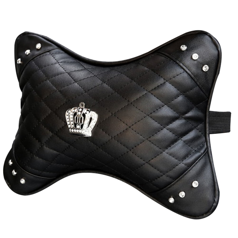 Leather Car Seat Interior Accessories Black Pu Leather Wheel Cover Headgear Neck Care Lumbar Pillow Pillow Key Package Driving License Bag with Bling Rhinestones Imperial Crown Decor 