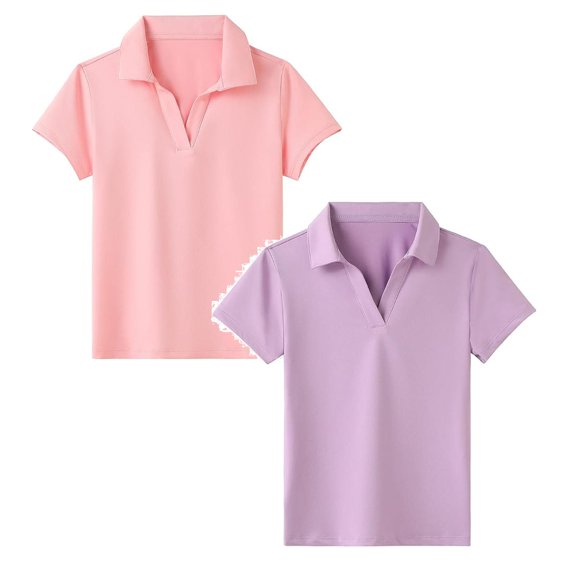 lnmuld 2 Pack Girls Solid Color Athletic Polo Shirt Breathable Workout Top Comfortable Casual Tee for Kids Play Sports Size:13-14 Years