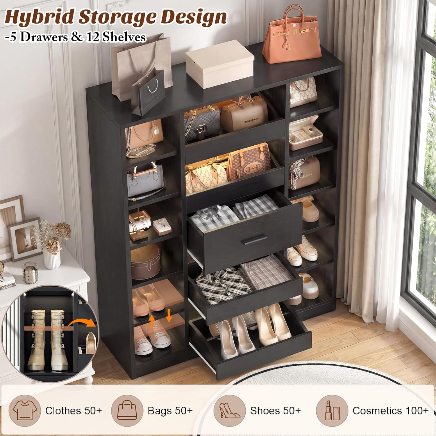 7-Tier Shoe Cabinet with 12 Shelves & 5 Drawers, 40''W Shoe Rack with LED Lights, Holds Up 30+ Pairs of Shoes, Multi-Functional Organizer Cabinet for Entryway/Hallway/Closet, Black
