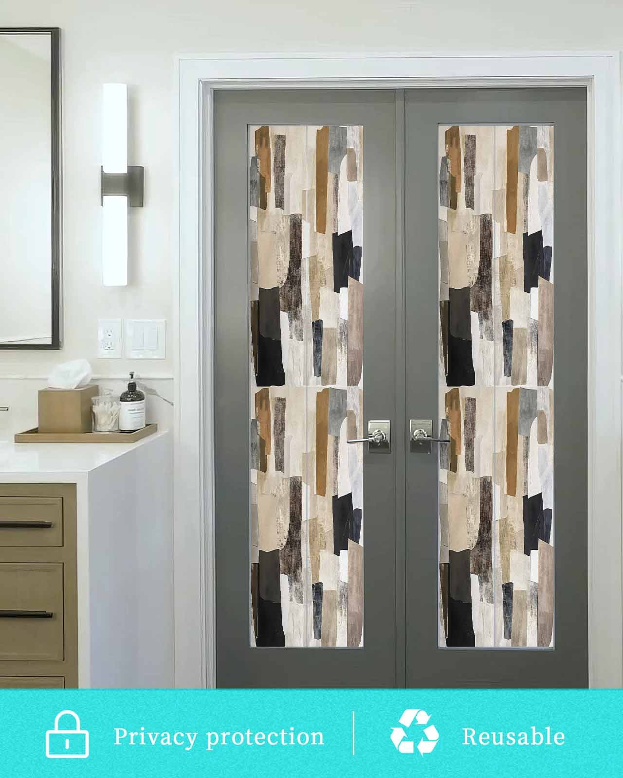 Window Privacy Film Modern Black Brown Stained Glass Window Film Decorative Sun Block Window Cover Abstract Oil Painting Art Window Clings Static Adhesive Sticker for Bathroom 23.6"x78.7"